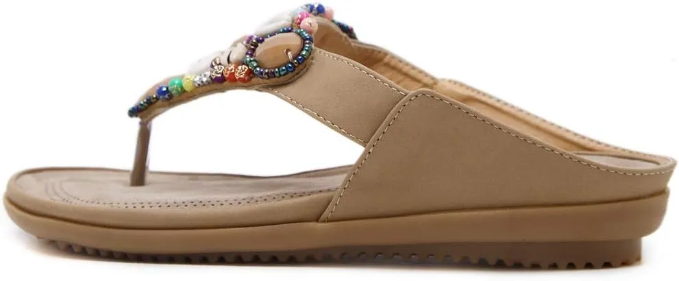 MIOKE Women's Bohemia Beaded Flat Sandals T-strap Summer Slip On Comfort Beach Flipflops Thong Slippers