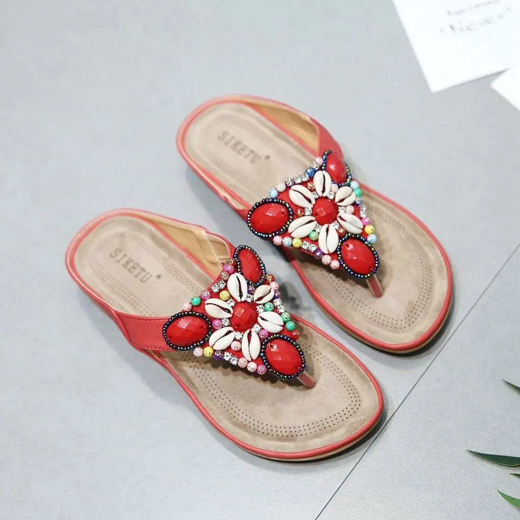 MIOKE Women's Bohemia Beaded Flat Sandals T-strap Summer Slip On Comfort Beach Flipflops Thong Slippers