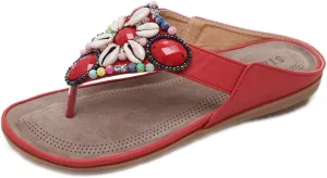 MIOKE Women's Bohemia Beaded Flat Sandals T-strap Summer Slip On Comfort Beach Flipflops Thong Slippers