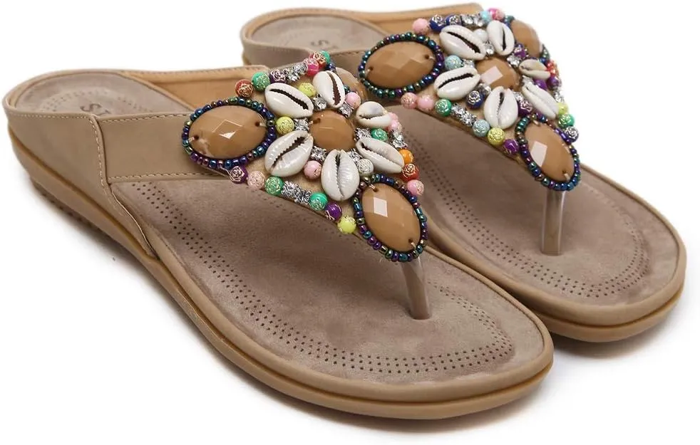 MIOKE Women's Bohemia Beaded Flat Sandals T-strap Summer Slip On Comfort Beach Flipflops Thong Slippers
