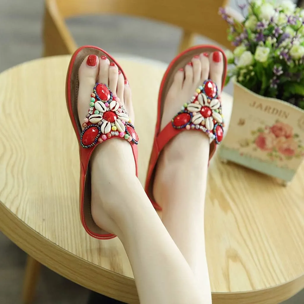 MIOKE Women's Bohemia Beaded Flat Sandals T-strap Summer Slip On Comfort Beach Flipflops Thong Slippers