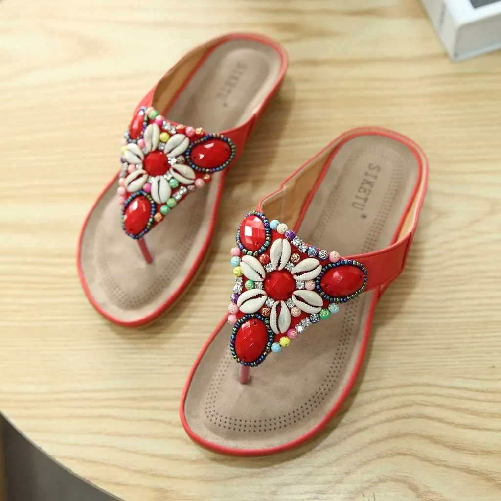 MIOKE Women's Bohemia Beaded Flat Sandals T-strap Summer Slip On Comfort Beach Flipflops Thong Slippers