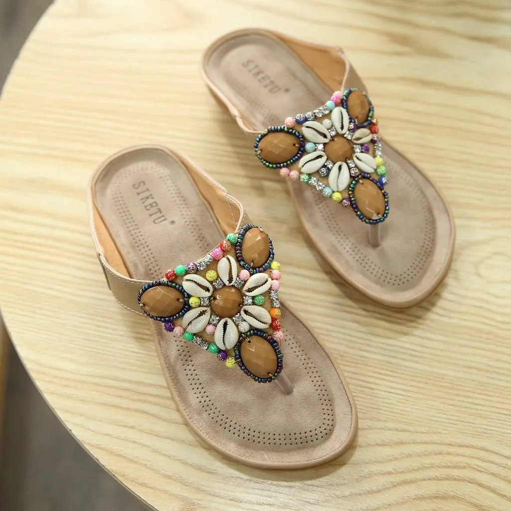 MIOKE Women's Bohemia Beaded Flat Sandals T-strap Summer Slip On Comfort Beach Flipflops Thong Slippers
