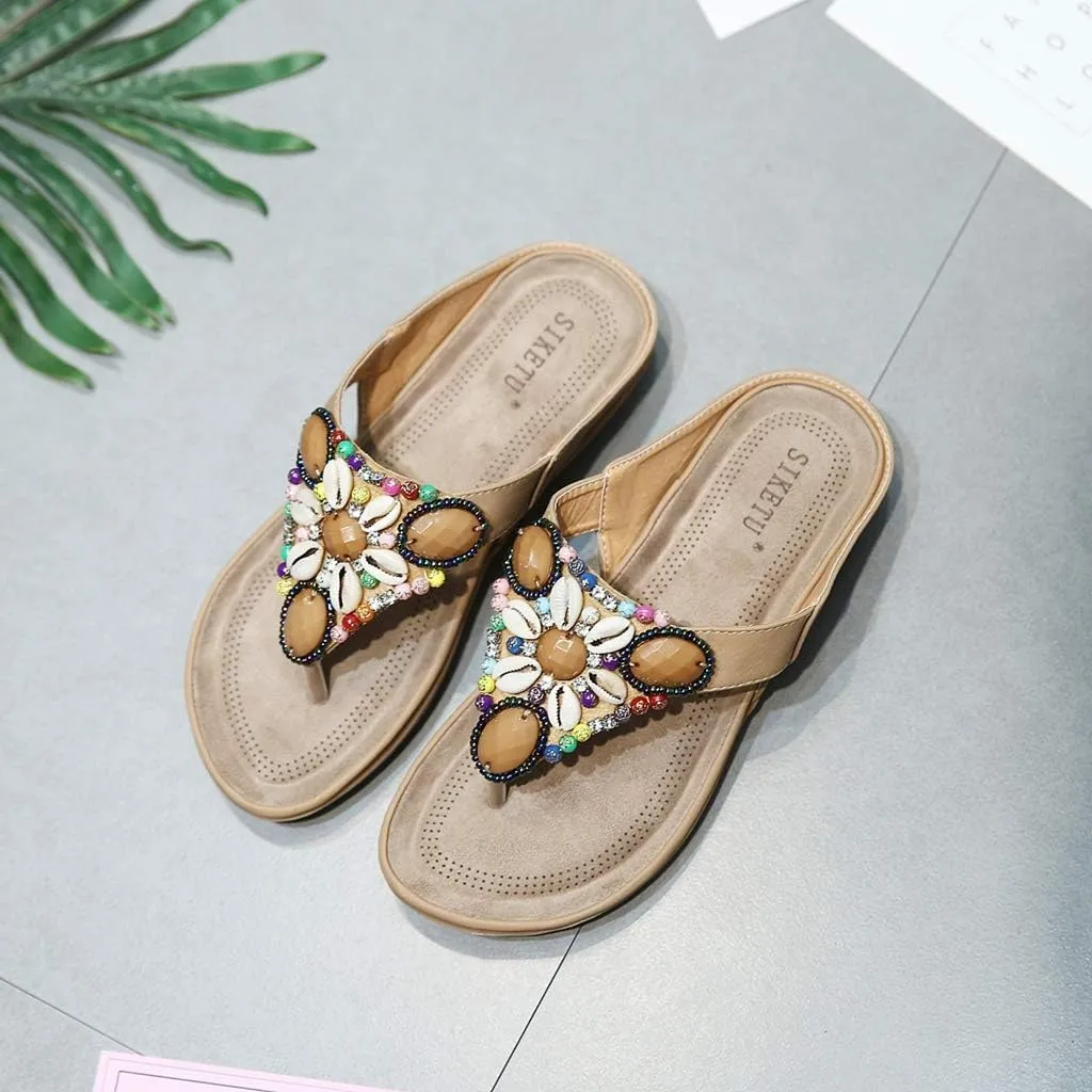 MIOKE Women's Bohemia Beaded Flat Sandals T-strap Summer Slip On Comfort Beach Flipflops Thong Slippers