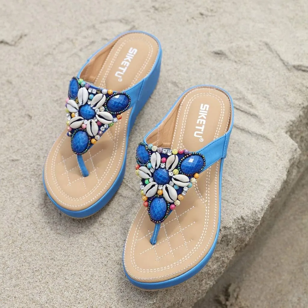 MIOKE Women's Bohemia Beaded Wedge Flipflops Sandals T-strap Summer Slip On Comfort Beach Platform Thong