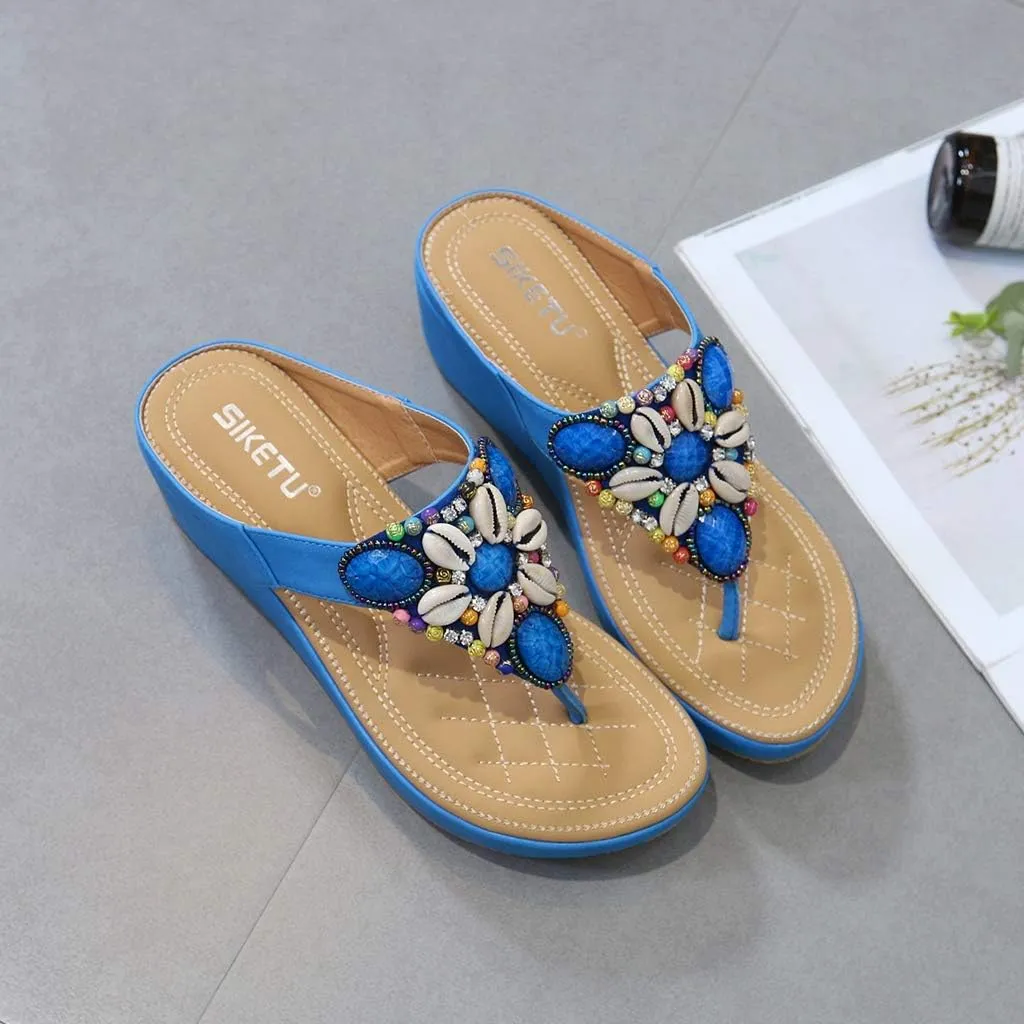 MIOKE Women's Bohemia Beaded Wedge Flipflops Sandals T-strap Summer Slip On Comfort Beach Platform Thong
