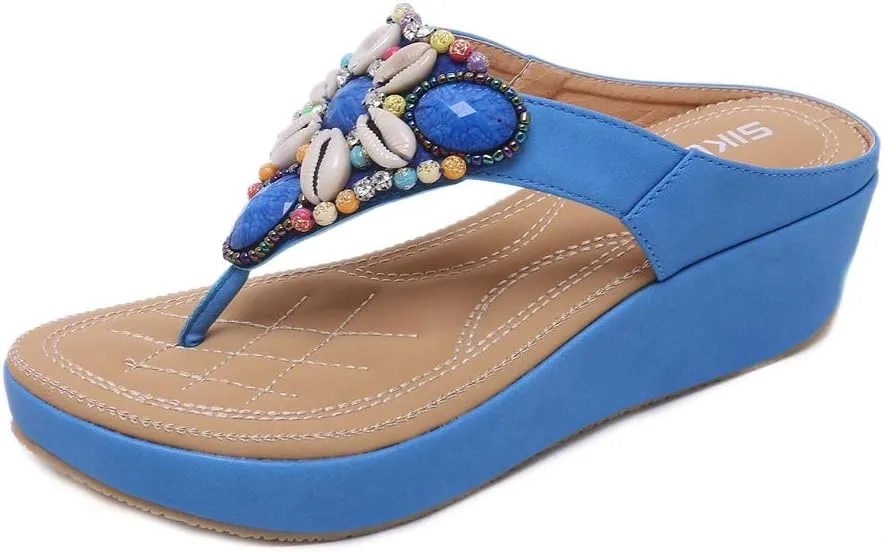 MIOKE Women's Bohemia Beaded Wedge Flipflops Sandals T-strap Summer Slip On Comfort Beach Platform Thong
