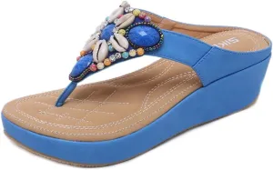 MIOKE Women's Bohemia Beaded Wedge Flipflops Sandals T-strap Summer Slip On Comfort Beach Platform Thong