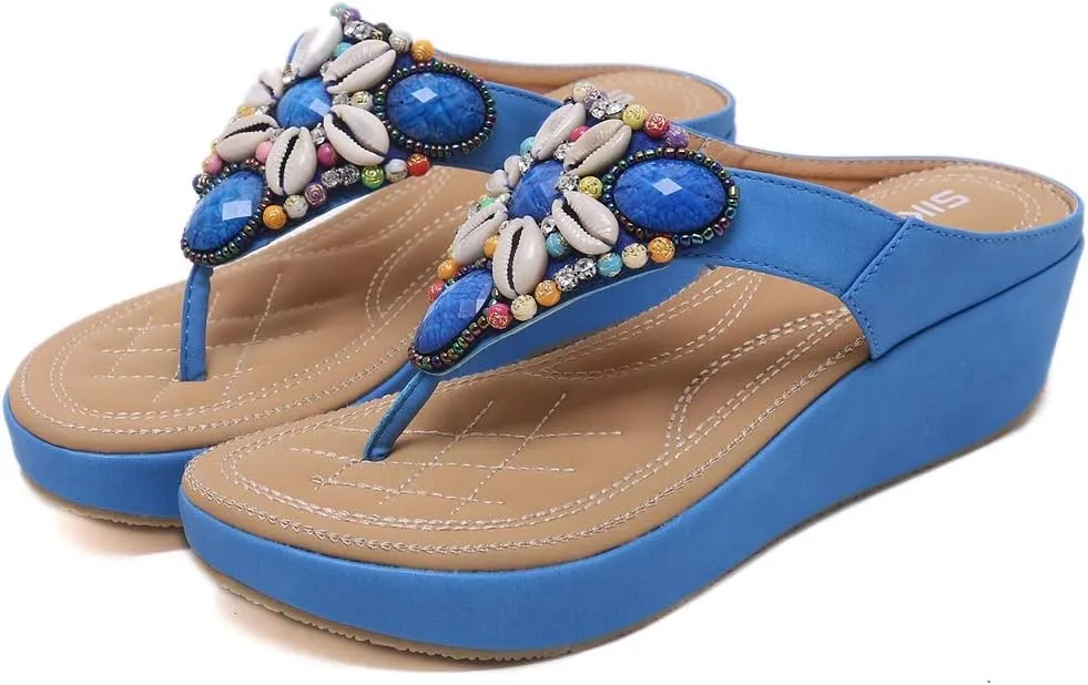 MIOKE Women's Bohemia Beaded Wedge Flipflops Sandals T-strap Summer Slip On Comfort Beach Platform Thong
