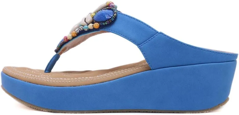 MIOKE Women's Bohemia Beaded Wedge Flipflops Sandals T-strap Summer Slip On Comfort Beach Platform Thong