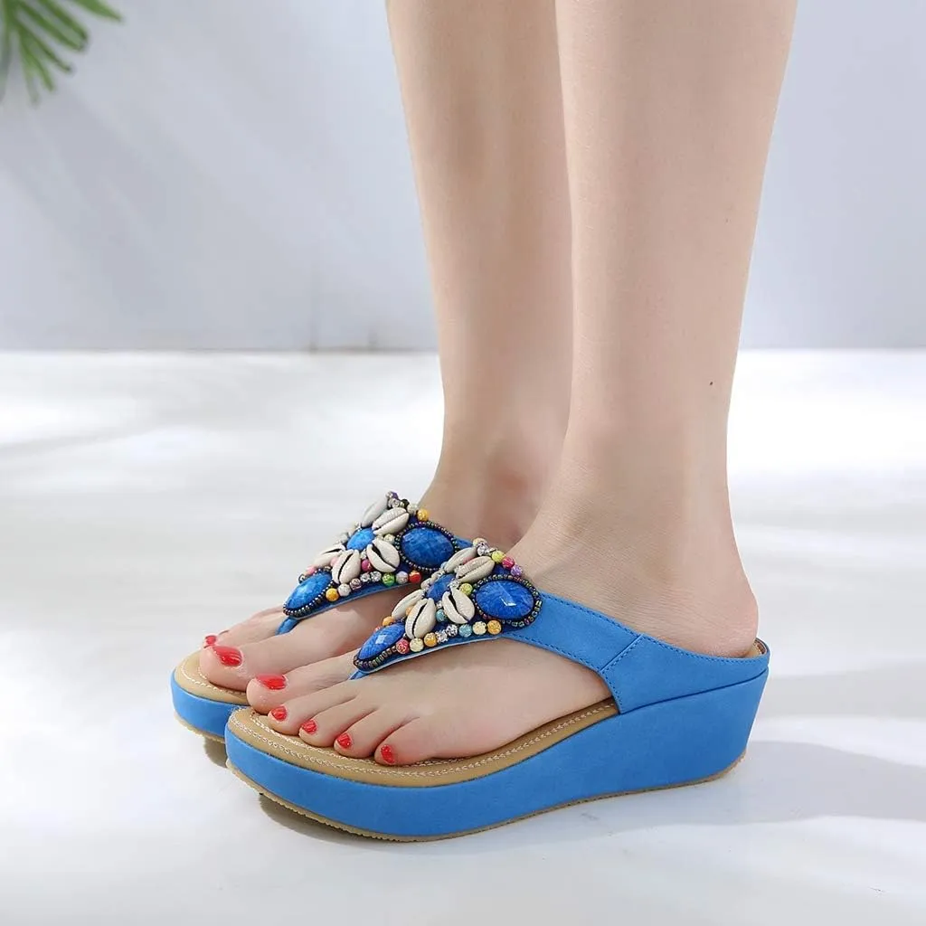 MIOKE Women's Bohemia Beaded Wedge Flipflops Sandals T-strap Summer Slip On Comfort Beach Platform Thong