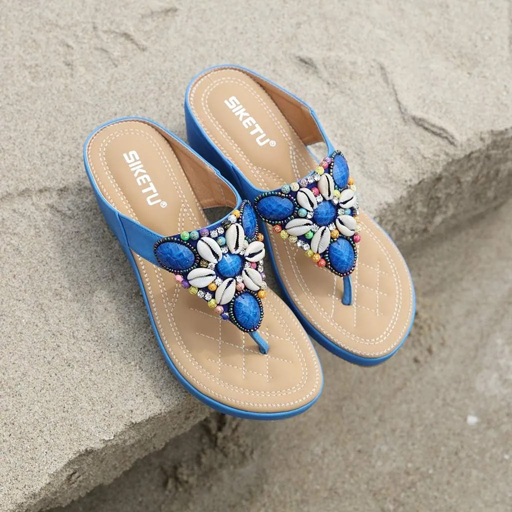 MIOKE Women's Bohemia Beaded Wedge Flipflops Sandals T-strap Summer Slip On Comfort Beach Platform Thong