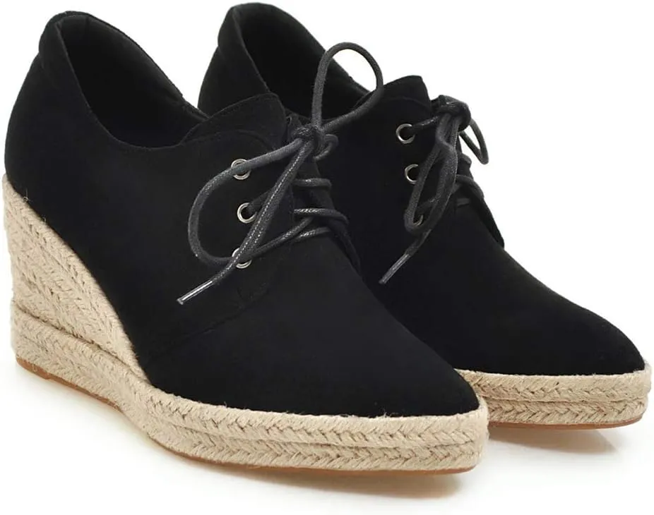 MIOKE Women's Lace Up Espadrilles Wedge Pumps Close Pointed Toe Platform High Heels Casual Sandals Shoes