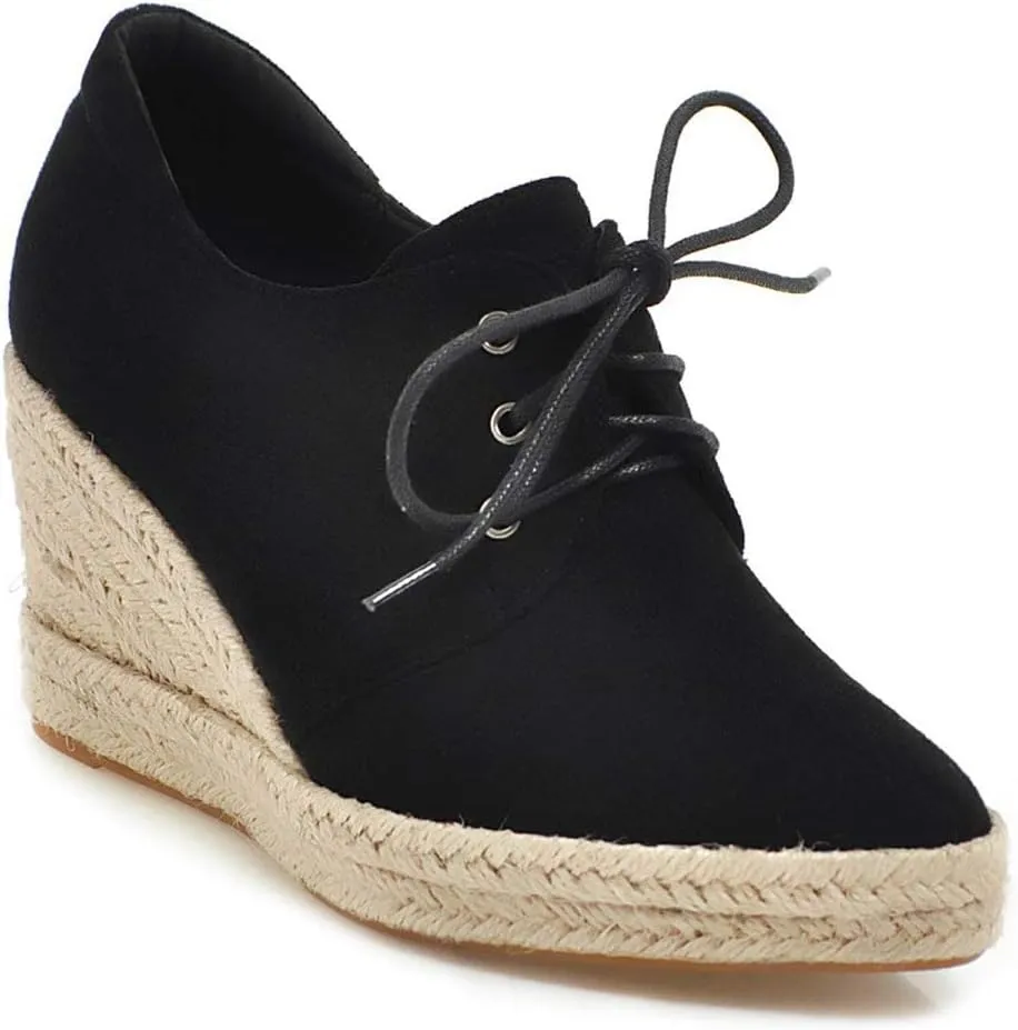 MIOKE Women's Lace Up Espadrilles Wedge Pumps Close Pointed Toe Platform High Heels Casual Sandals Shoes