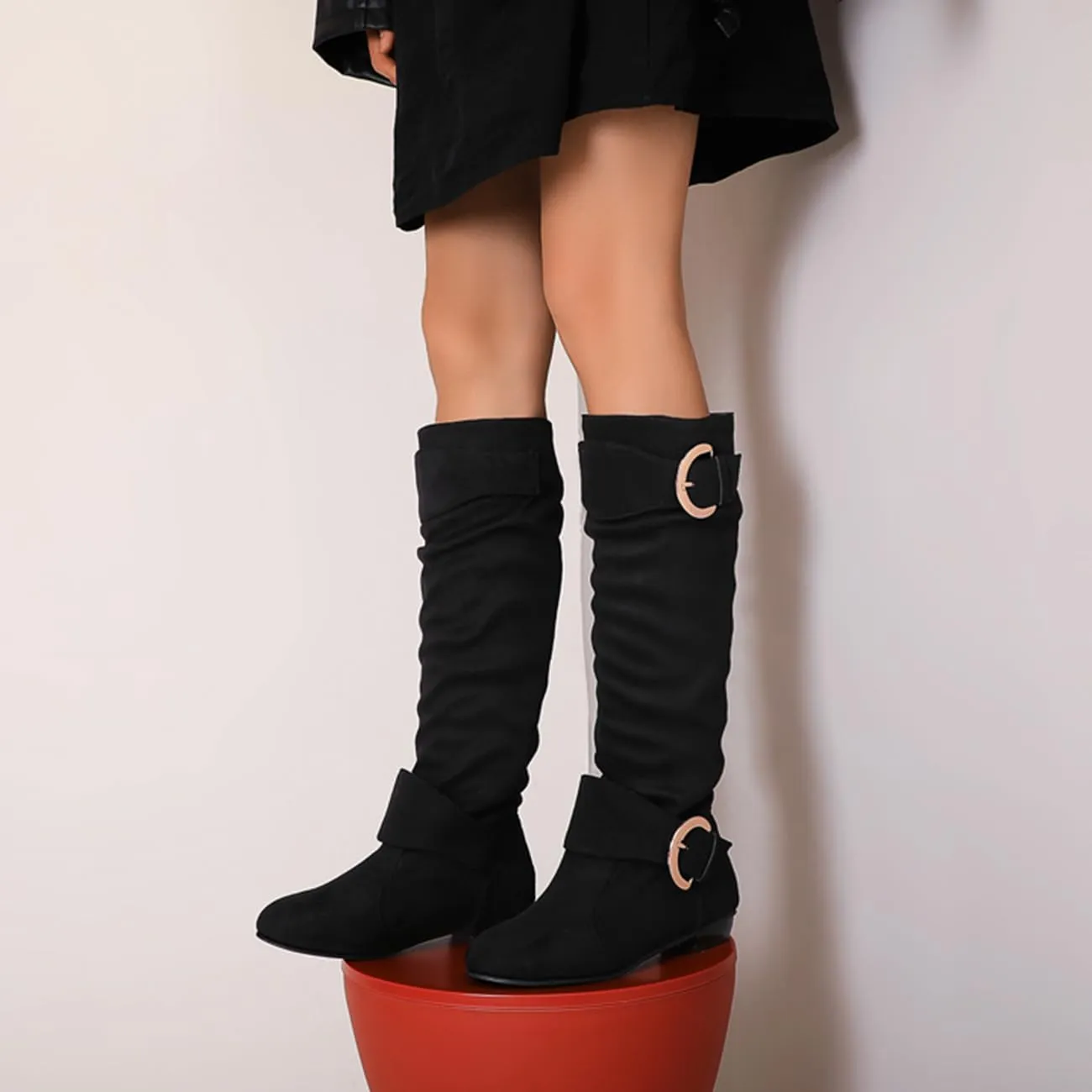MRKEWUNEY Casual Womens Shelley Knee High Slouch Boots Pull On Internal Increase Pleated Mid Calf Boots