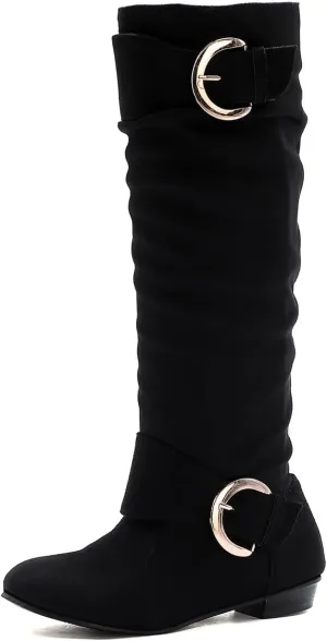 MRKEWUNEY Casual Womens Shelley Knee High Slouch Boots Pull On Internal Increase Pleated Mid Calf Boots
