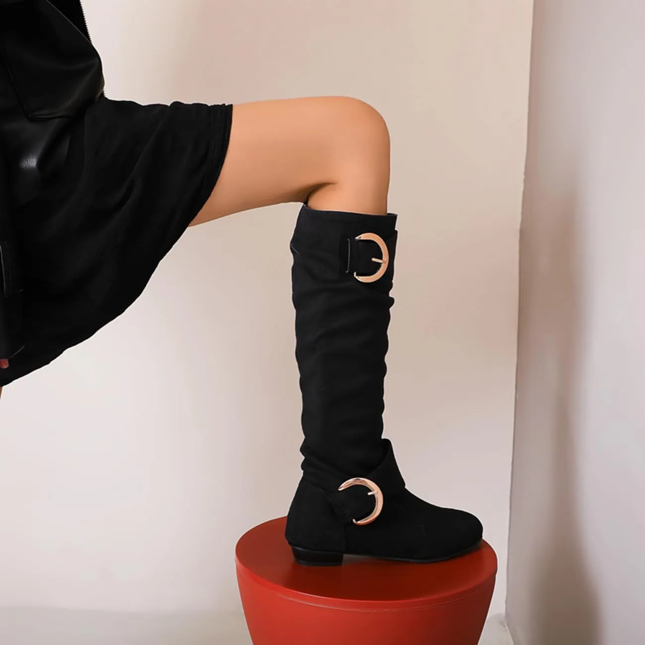 MRKEWUNEY Casual Womens Shelley Knee High Slouch Boots Pull On Internal Increase Pleated Mid Calf Boots