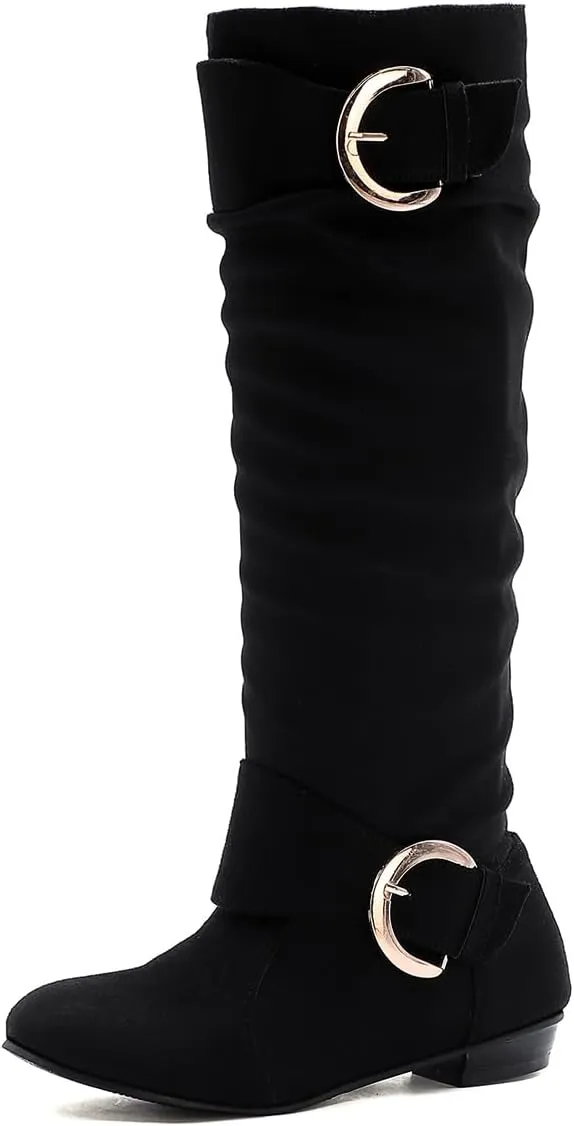 MRKEWUNEY Casual Womens Shelley Knee High Slouch Boots Pull On Internal Increase Pleated Mid Calf Boots