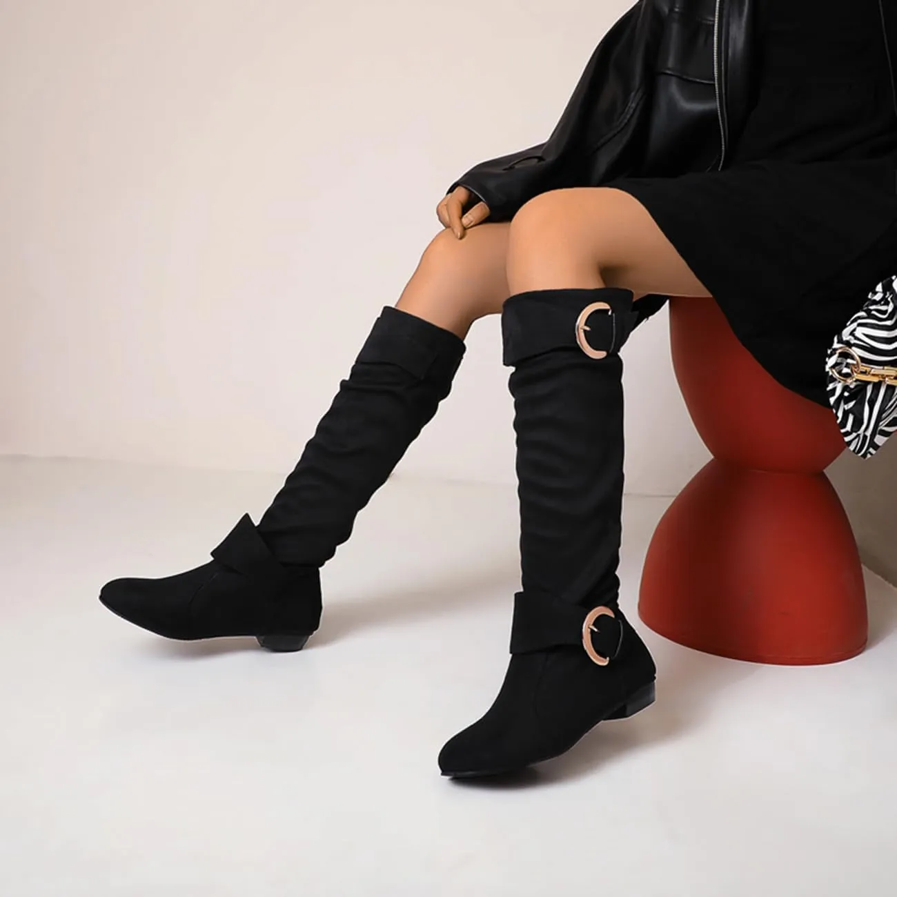 MRKEWUNEY Casual Womens Shelley Knee High Slouch Boots Pull On Internal Increase Pleated Mid Calf Boots