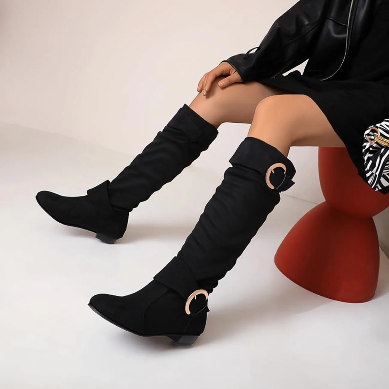 MRKEWUNEY Casual Womens Shelley Knee High Slouch Boots Pull On Internal Increase Pleated Mid Calf Boots