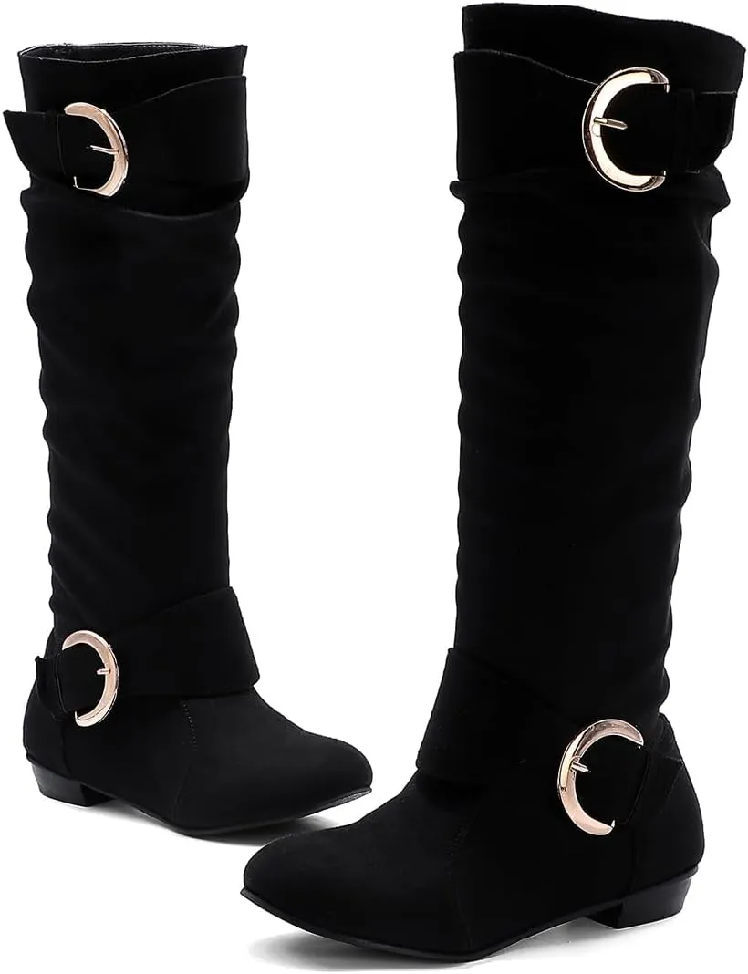 MRKEWUNEY Casual Womens Shelley Knee High Slouch Boots Pull On Internal Increase Pleated Mid Calf Boots