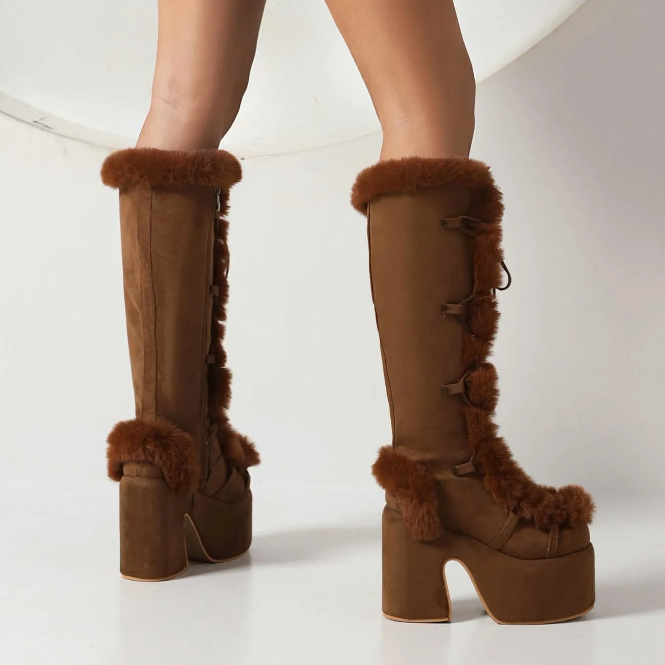 MRKEWUNEY Sweet Women's Faux Fur Lined Winter Snow Knee High Boots Platform Heel Christmas Boots