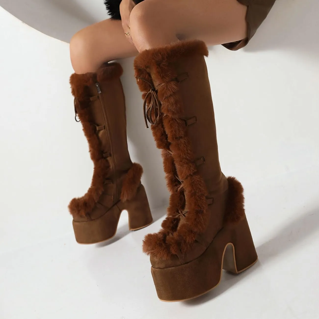 MRKEWUNEY Sweet Women's Faux Fur Lined Winter Snow Knee High Boots Platform Heel Christmas Boots