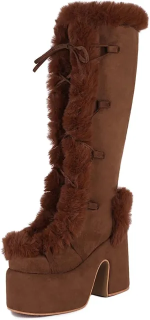 MRKEWUNEY Sweet Women's Faux Fur Lined Winter Snow Knee High Boots Platform Heel Christmas Boots