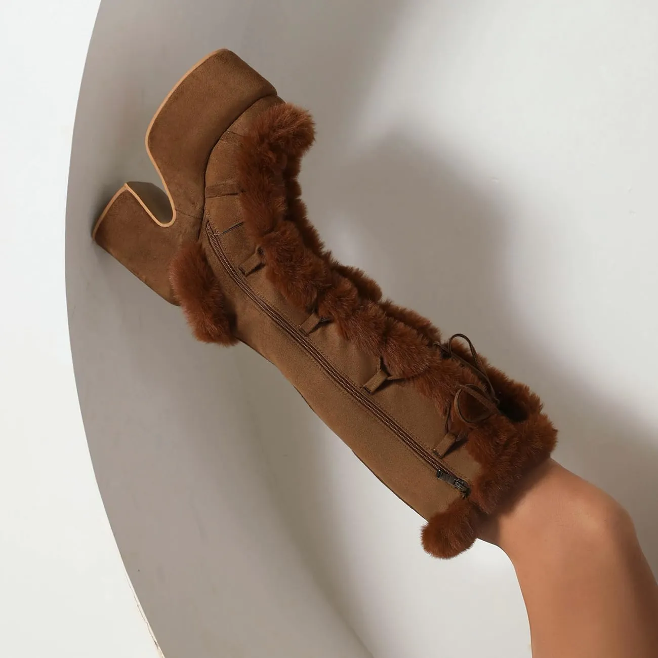 MRKEWUNEY Sweet Women's Faux Fur Lined Winter Snow Knee High Boots Platform Heel Christmas Boots