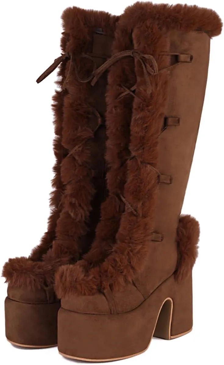 MRKEWUNEY Sweet Women's Faux Fur Lined Winter Snow Knee High Boots Platform Heel Christmas Boots