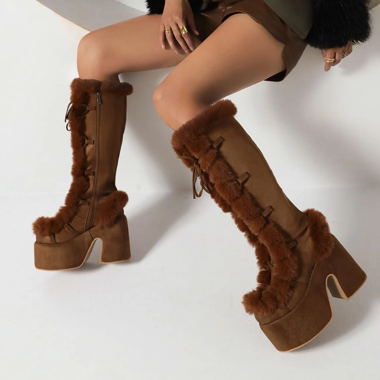 MRKEWUNEY Sweet Women's Faux Fur Lined Winter Snow Knee High Boots Platform Heel Christmas Boots