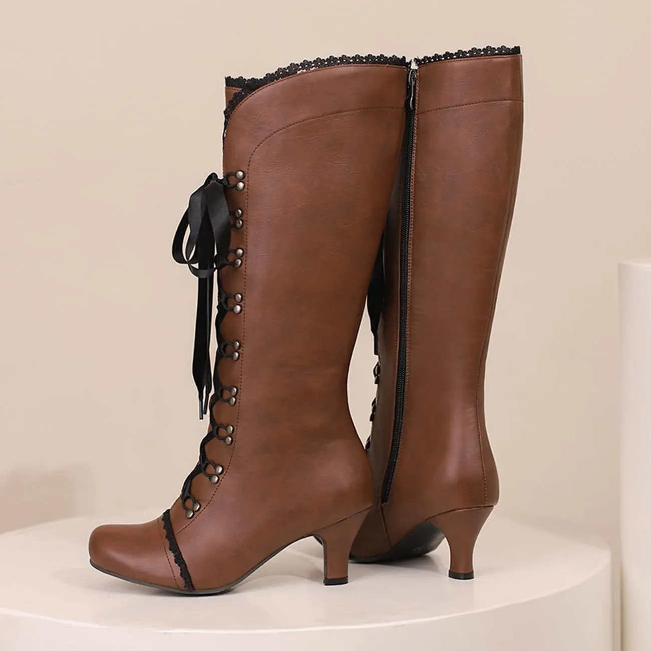 MRKEWUNEY Vintage Women Victorian Boots 70s Lace Up Kitten Heel Knee High BootsEU34-47