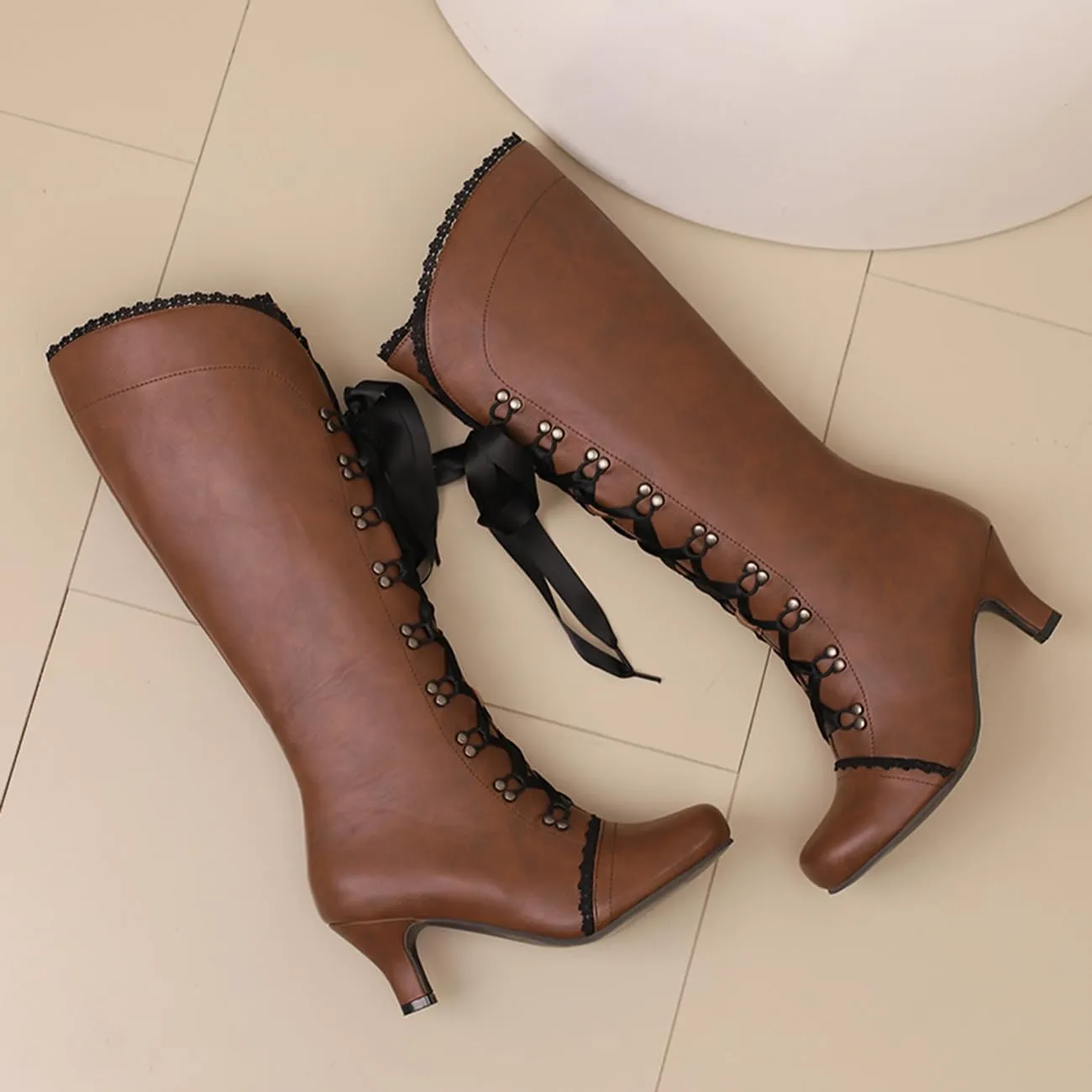 MRKEWUNEY Vintage Women Victorian Boots 70s Lace Up Kitten Heel Knee High BootsEU34-47
