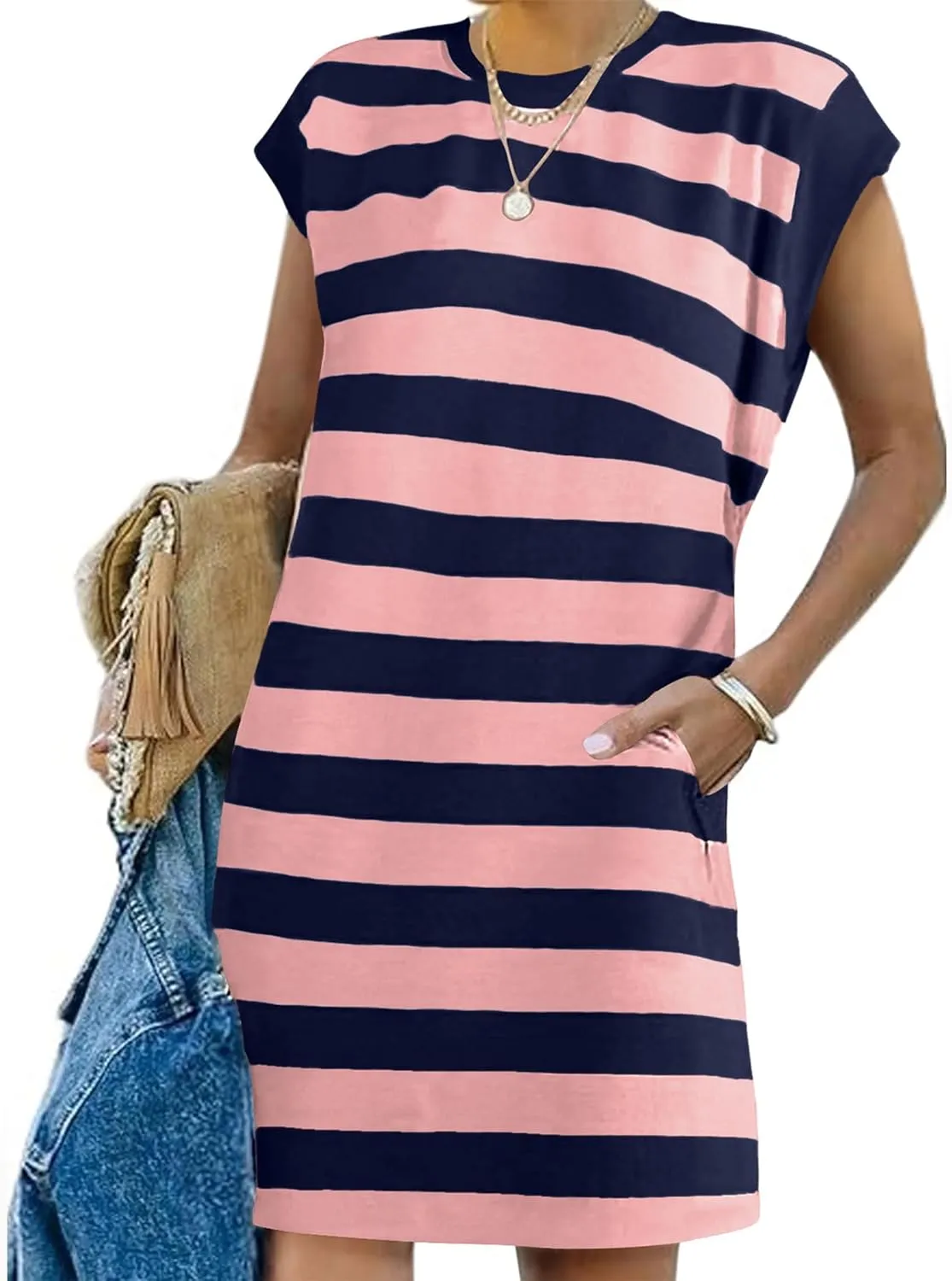 Naggoo Womens Summer Striped T Shirt Dress Crew Neck Cap Sleeve Color Block Casual A Line Short Dresses with Pockets