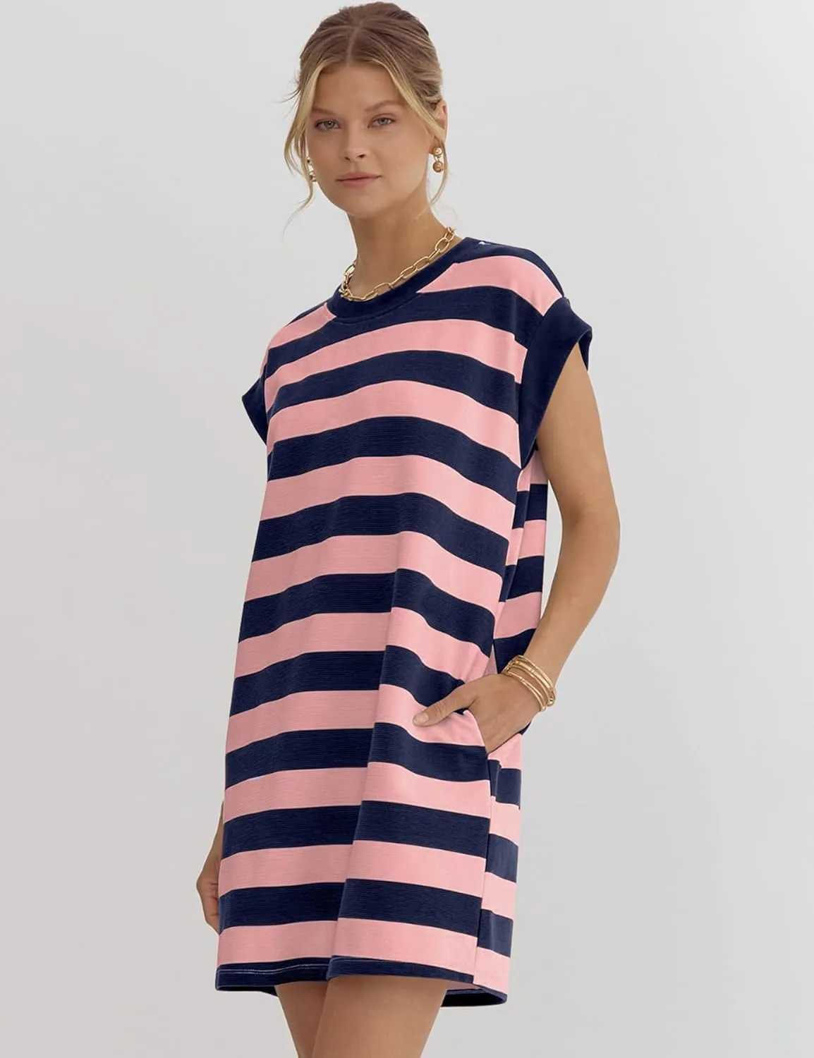 Naggoo Womens Summer Striped T Shirt Dress Crew Neck Cap Sleeve Color Block Casual A Line Short Dresses with Pockets