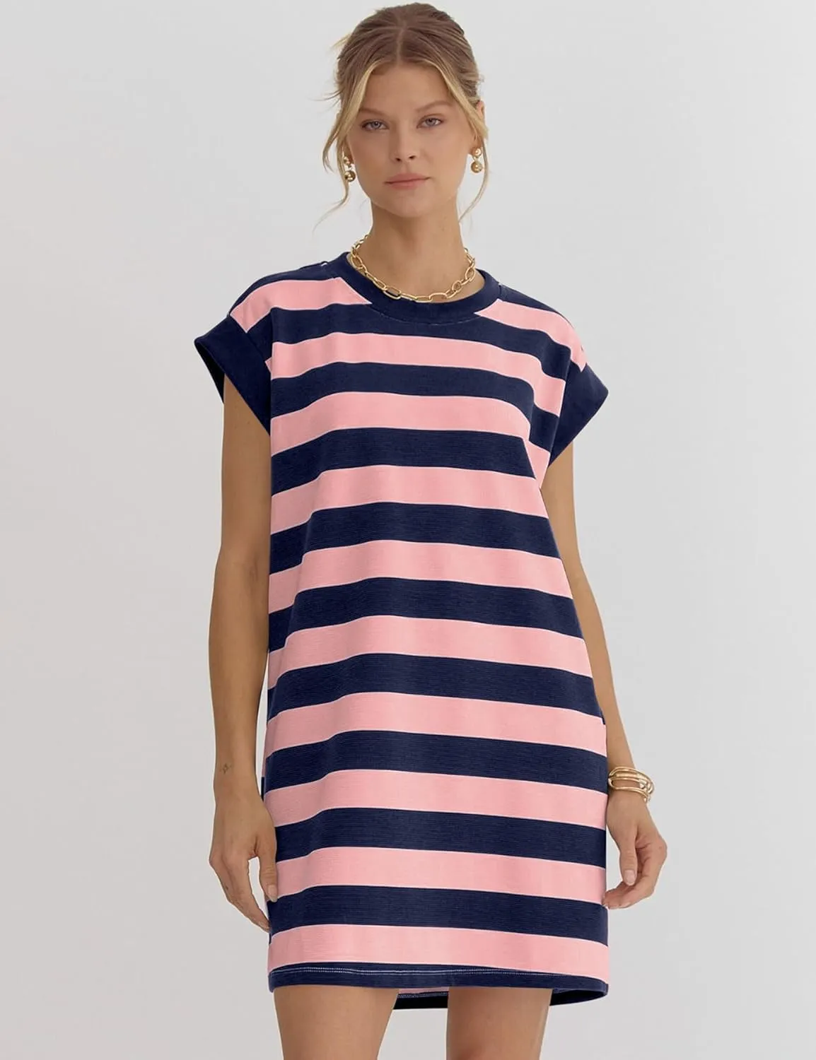 Naggoo Womens Summer Striped T Shirt Dress Crew Neck Cap Sleeve Color Block Casual A Line Short Dresses with Pockets