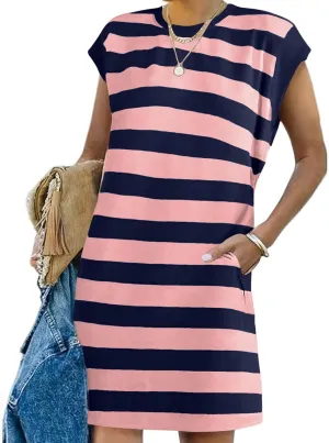 Naggoo Womens Summer Striped T Shirt Dress Crew Neck Cap Sleeve Color Block Casual A Line Short Dresses with Pockets
