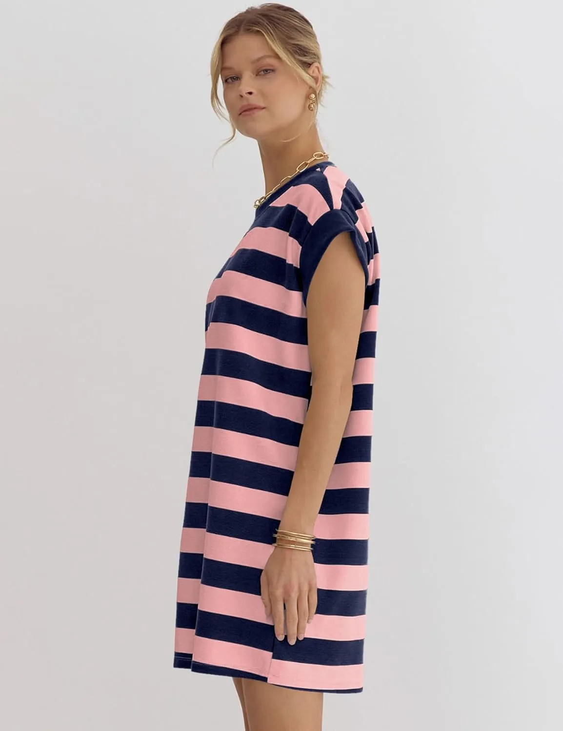Naggoo Womens Summer Striped T Shirt Dress Crew Neck Cap Sleeve Color Block Casual A Line Short Dresses with Pockets