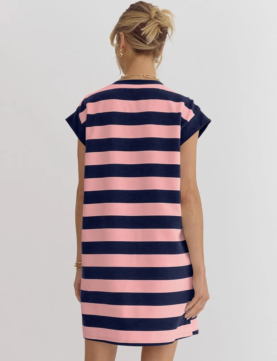 Naggoo Womens Summer Striped T Shirt Dress Crew Neck Cap Sleeve Color Block Casual A Line Short Dresses with Pockets