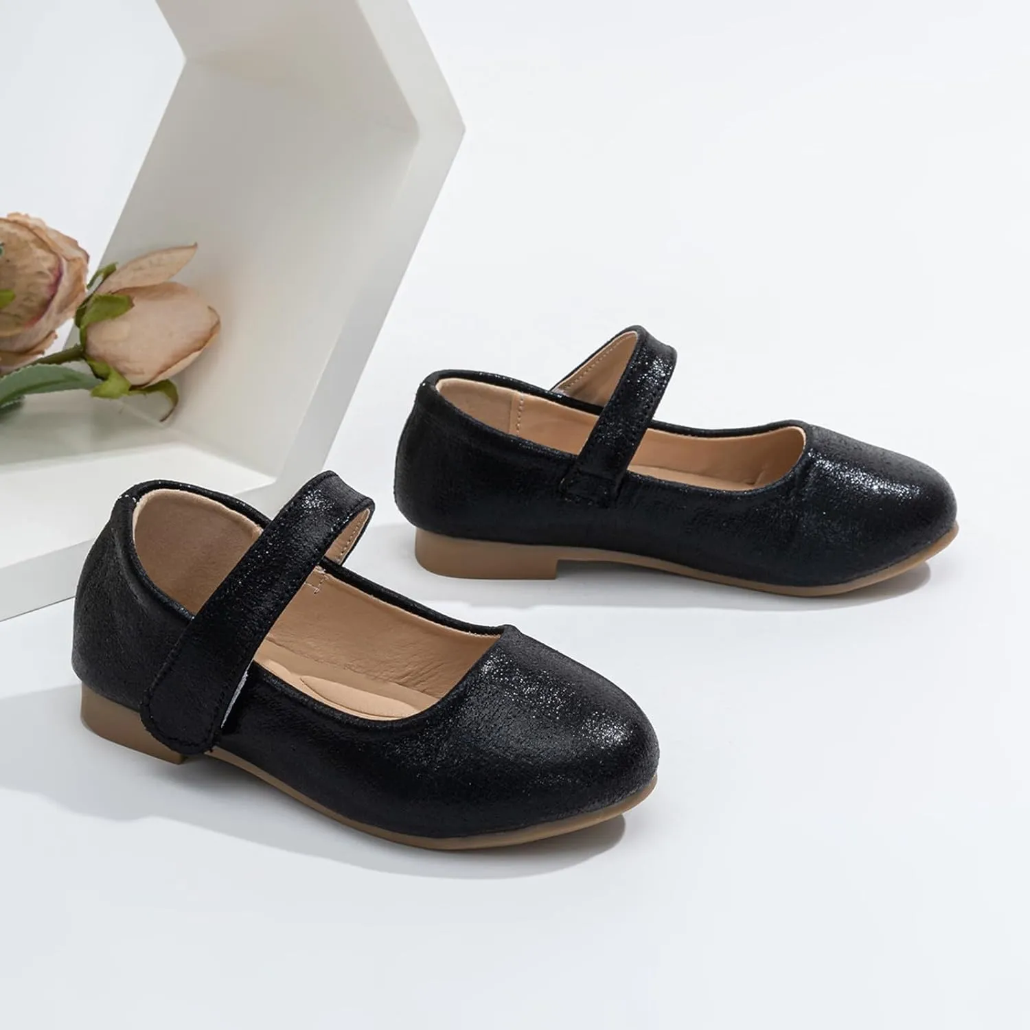 Non-Slip Mary Jane for Girls Soft Leather Ballet Flats with Adjustable Strap, Toddler Little Big Kid Dress Shoes for Wedding Party School