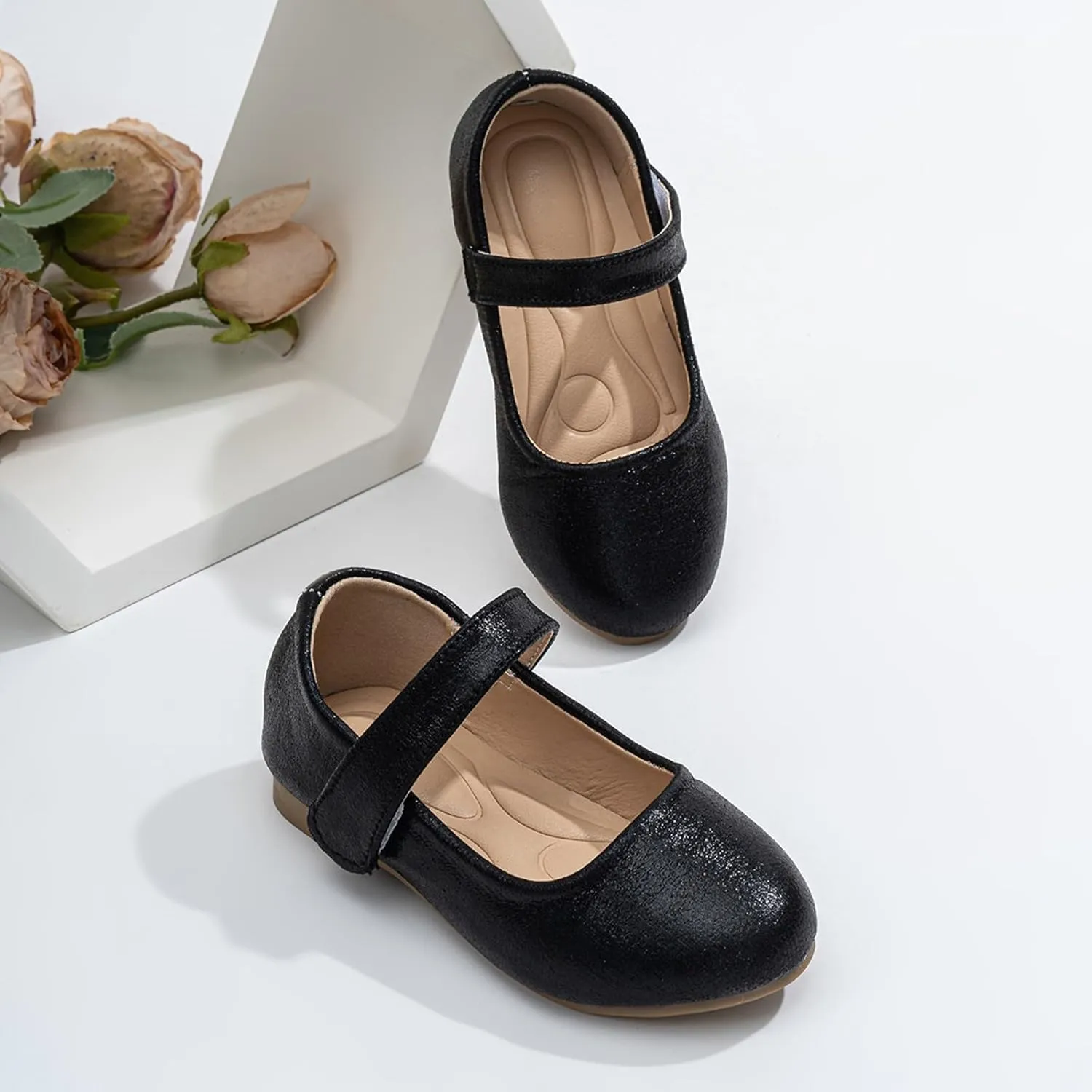 Non-Slip Mary Jane for Girls Soft Leather Ballet Flats with Adjustable Strap, Toddler Little Big Kid Dress Shoes for Wedding Party School