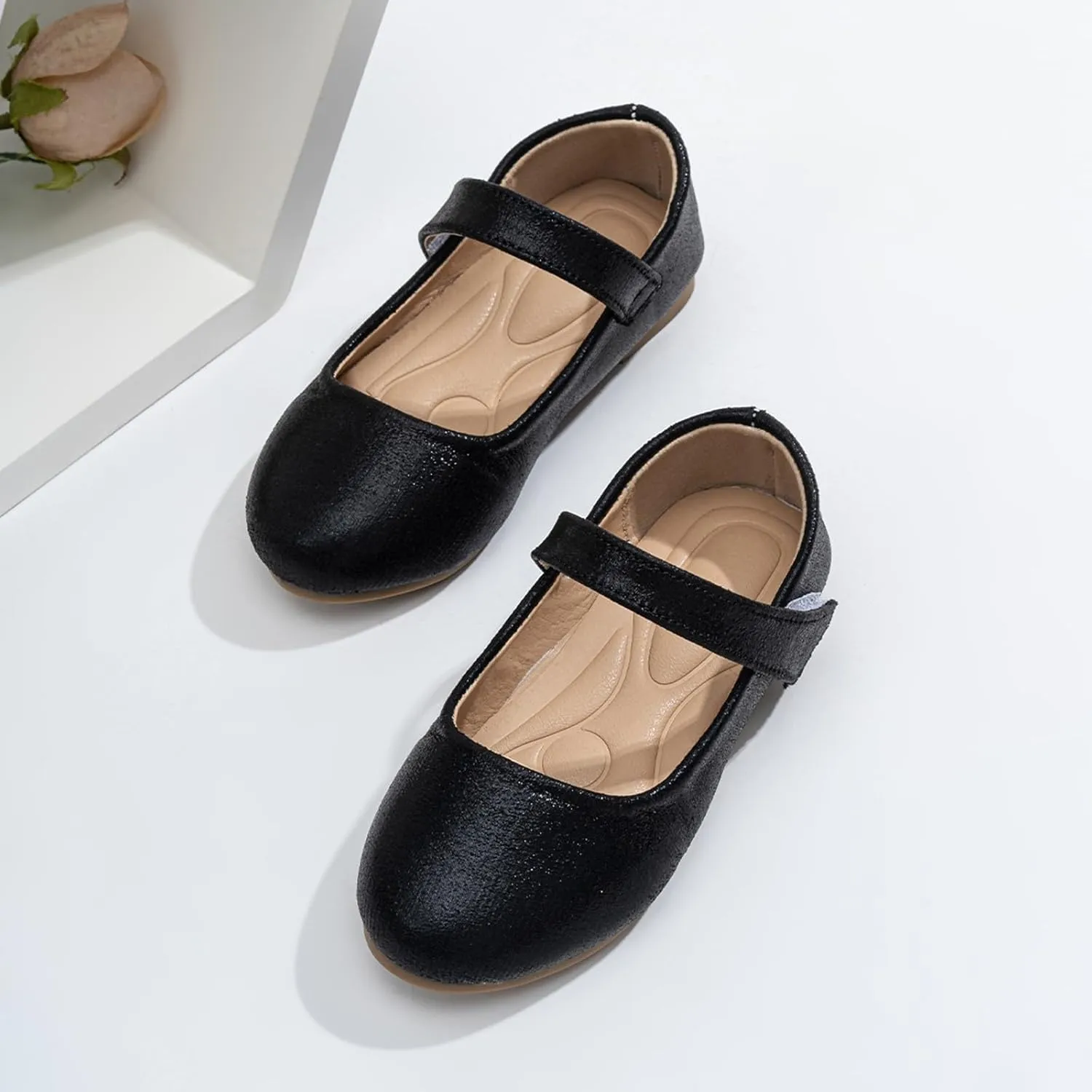 Non-Slip Mary Jane for Girls Soft Leather Ballet Flats with Adjustable Strap, Toddler Little Big Kid Dress Shoes for Wedding Party School