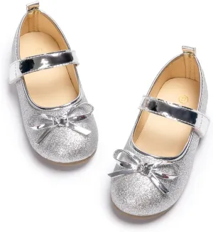 ohsofy Girls Mary Jane Shoes Toddler Bow Glitter Ballet Princess Flats Non-Slip Sole Hook Loop Wedding Party Dress Shoes（Toddler/Little Kid）