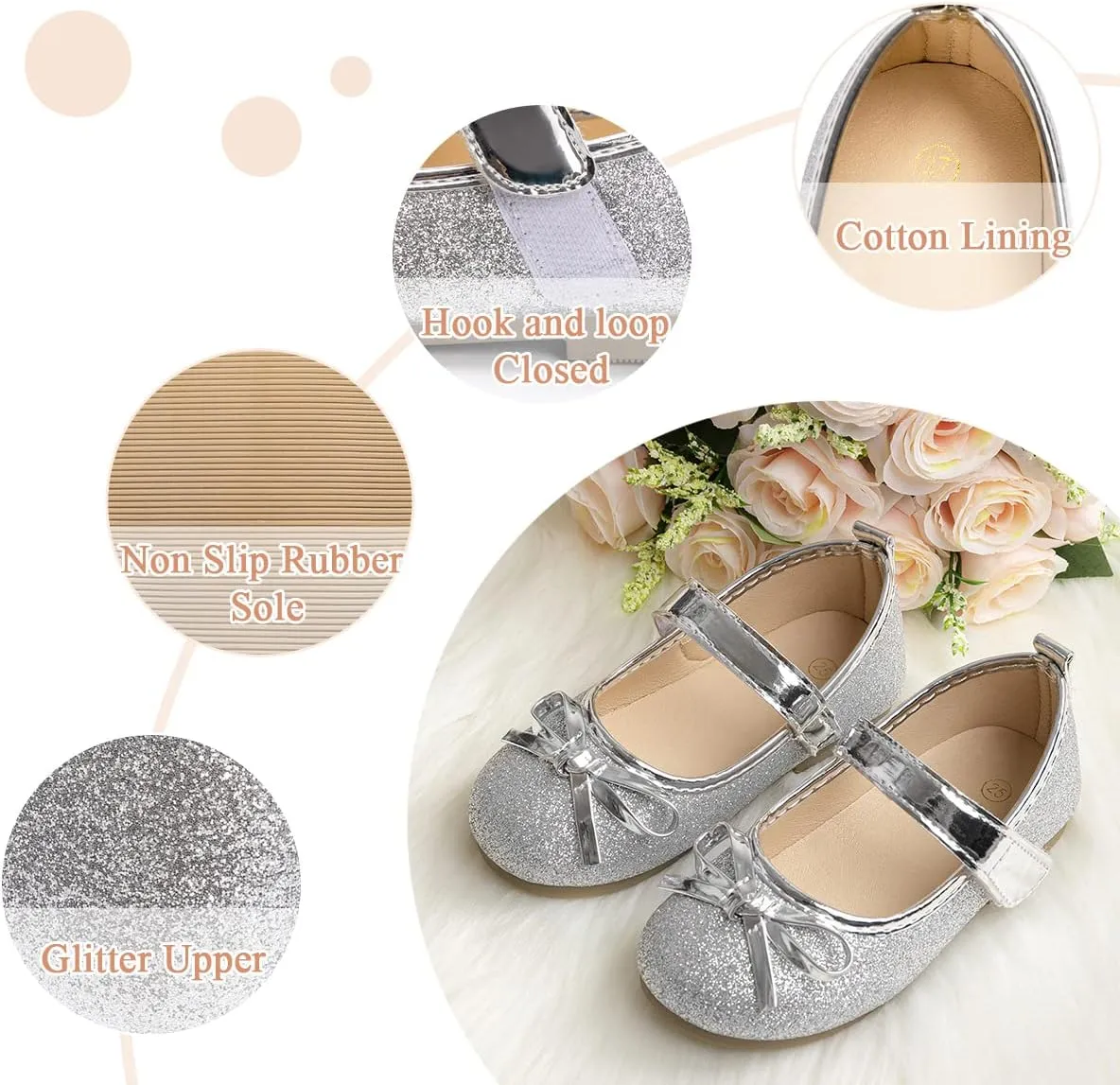 ohsofy Girls Mary Jane Shoes Toddler Bow Glitter Ballet Princess Flats Non-Slip Sole Hook Loop Wedding Party Dress Shoes（Toddler/Little Kid）