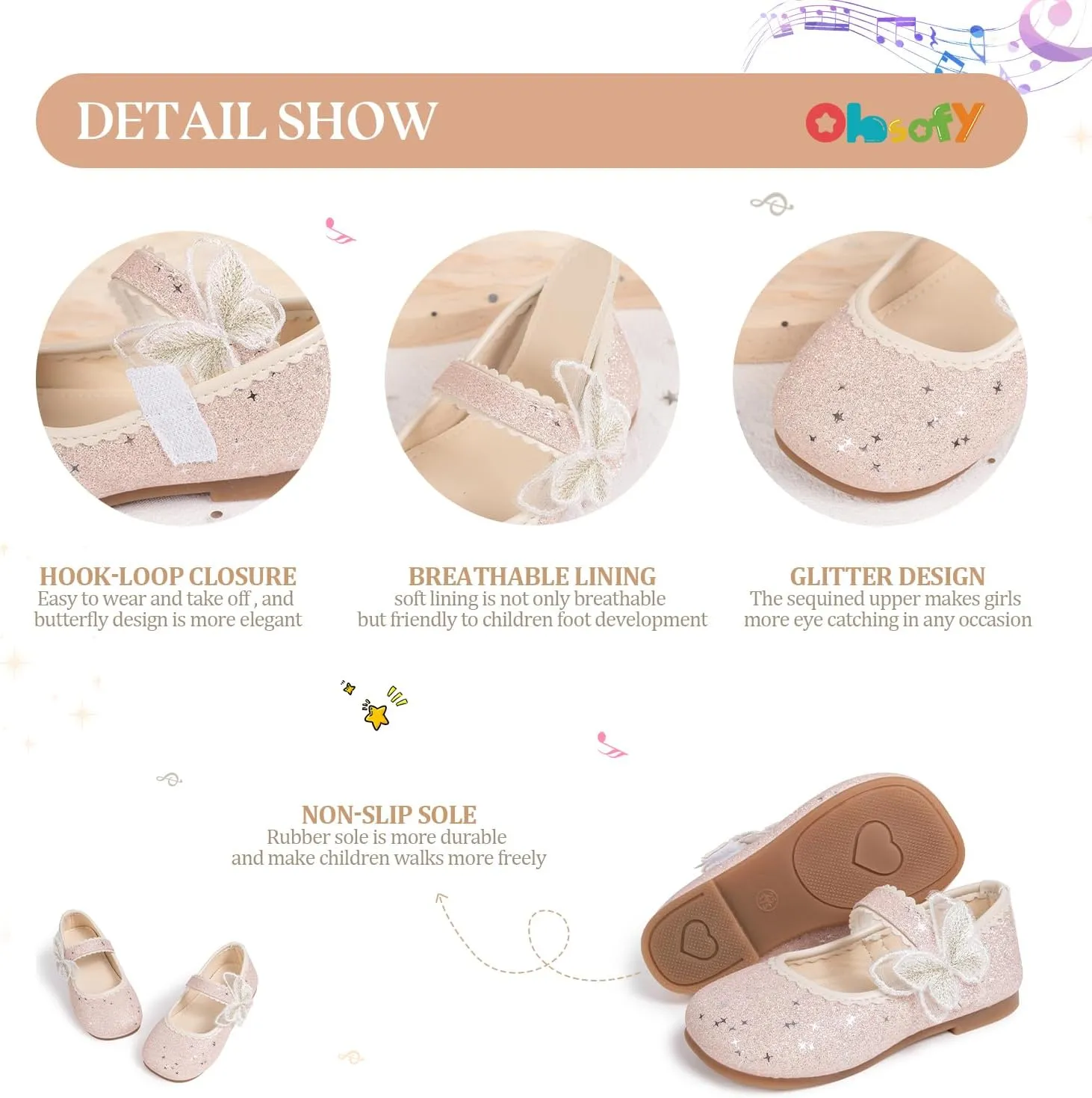 ohsofy Girls Mary Jane Shoes Toddler Bow Glitter Ballet Princess Flats Non-Slip Sole Hook Loop Wedding Party Dress Shoes（Toddler/Little Kid）