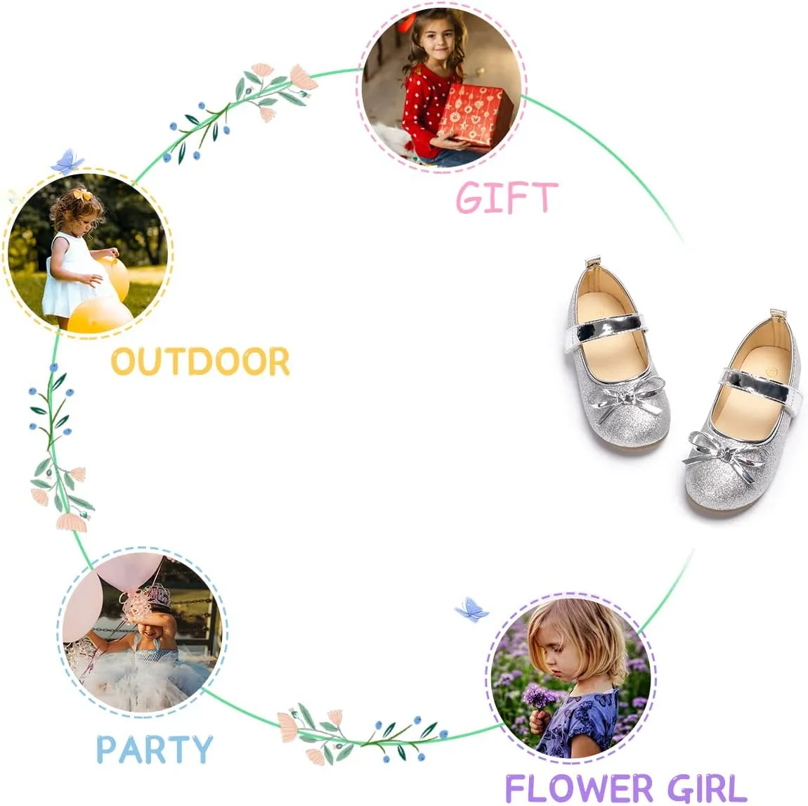 ohsofy Girls Mary Jane Shoes Toddler Bow Glitter Ballet Princess Flats Non-Slip Sole Hook Loop Wedding Party Dress Shoes（Toddler/Little Kid）