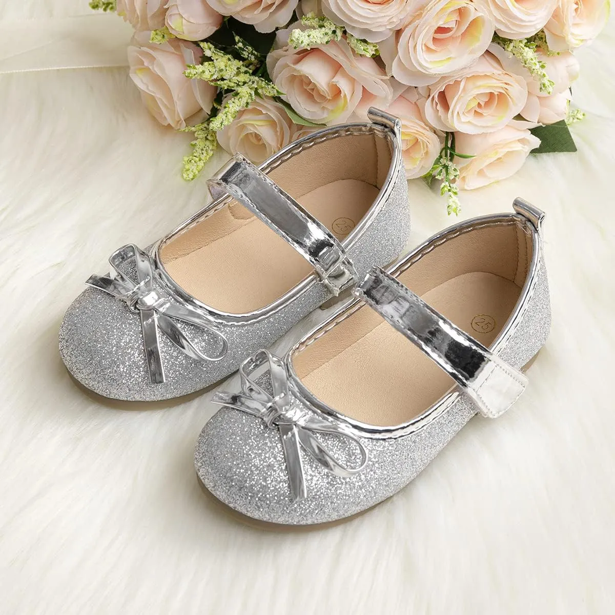 ohsofy Girls Mary Jane Shoes Toddler Bow Glitter Ballet Princess Flats Non-Slip Sole Hook Loop Wedding Party Dress Shoes（Toddler/Little Kid）