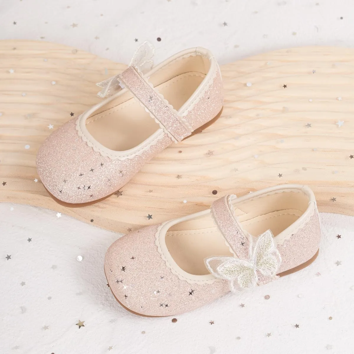 ohsofy Girls Mary Jane Shoes Toddler Bow Glitter Ballet Princess Flats Non-Slip Sole Hook Loop Wedding Party Dress Shoes（Toddler/Little Kid）