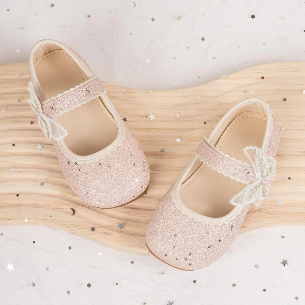 ohsofy Girls Mary Jane Shoes Toddler Bow Glitter Ballet Princess Flats Non-Slip Sole Hook Loop Wedding Party Dress Shoes（Toddler/Little Kid）