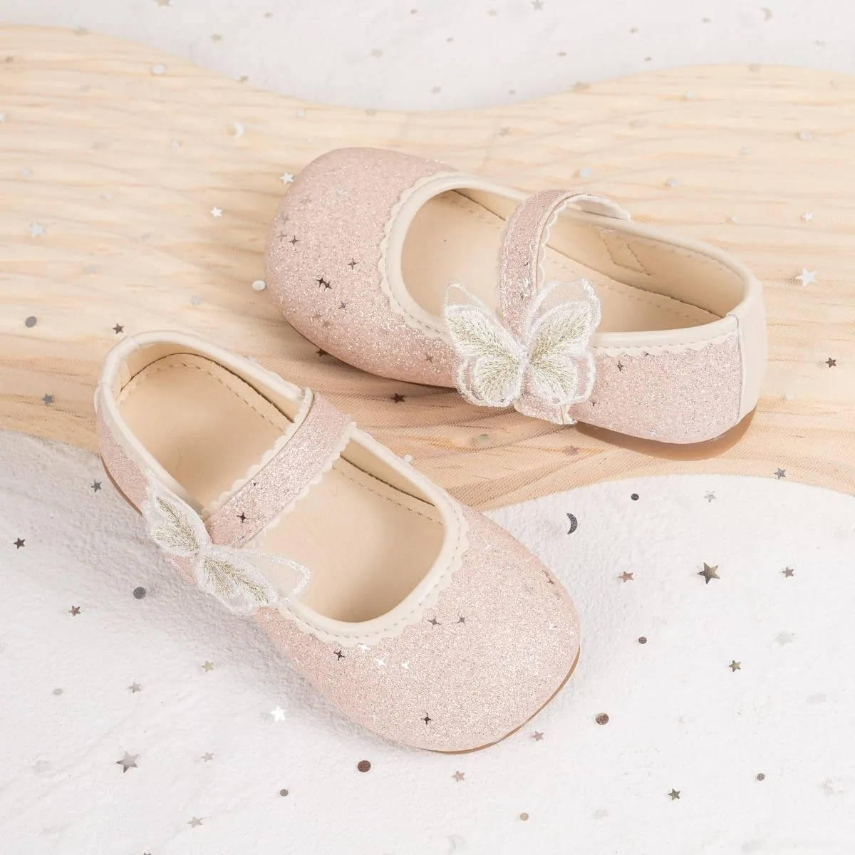 ohsofy Girls Mary Jane Shoes Toddler Bow Glitter Ballet Princess Flats Non-Slip Sole Hook Loop Wedding Party Dress Shoes（Toddler/Little Kid）